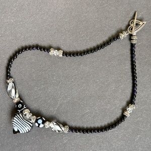 HANDMADE Glass Beaded Heart Necklace Black & White 16"